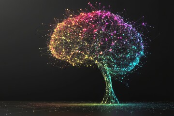 Concept of creativity and ideas, 3D rendering of a colorful brain model on a dark background.