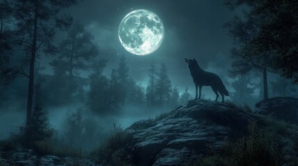  A majestic wolf stands atop a hill, howling at the full moon in the mysterious forest.