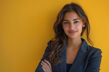 Smiling professional Middle Eastern female entrepreneur posing with crossed arms on a white background.