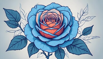 Wall Mural - A large blue rose with red and orange accents, surrounded by leaves and stems against a white background