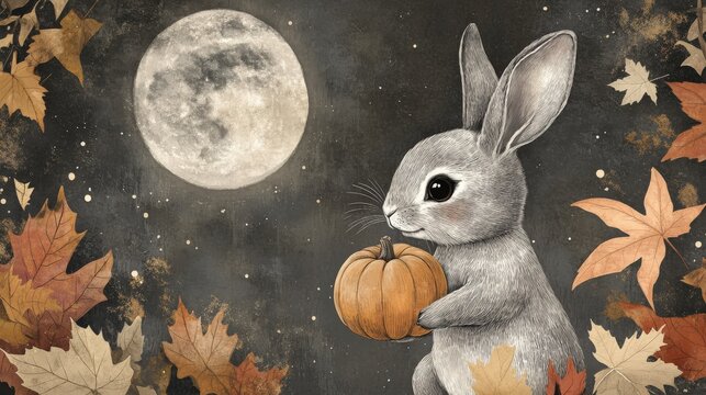 A vintage Halloween postcard captures a cute rabbit holding a tiny pumpkin, surrounded by autumn leaves and moonlit skies.