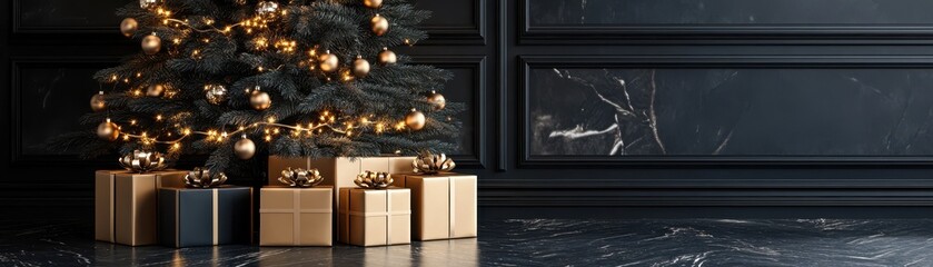 Poster - Minimalist Christmas tree in black and gold, with wrapped presents and twinkling lights