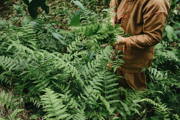 Asian senior woman collects natural fern in the forest, traditional harvest of exotic wild plants, collecting plants for folk medicine.