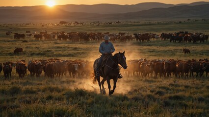 A cowboy riding a horse at sunset, surrounded by vast grasslands and herds of cattle.