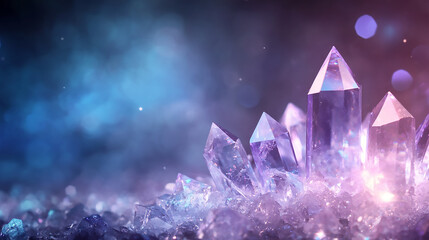 Wall Mural - A cluster of sparkling crystals in shades of purple and blue, with sharp facets and glowing light effects, ideal for fantasy or magical designs.