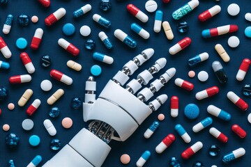 Robotic hand amidst a scattered array of pills representing the intersection of technology and medicine captured in a high tech detailed composition