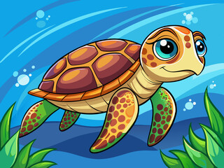 Wall Mural - cartoon vector illustration of sea turtle, blue under sea background, underwater ocean planet