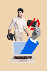 Aufkleber - Vertical collage poster young handsome man employee worker manager laptop hand credit card payment cashless money finance