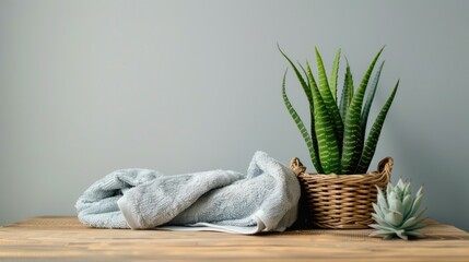 Canvas Print - Towel in basket and plant on table with empty space