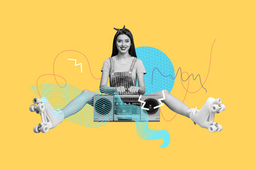 Poster - Creative collage image young cheerful girl sit boombox audio stereo music player vintage portable device party listen album playlist rollers skater