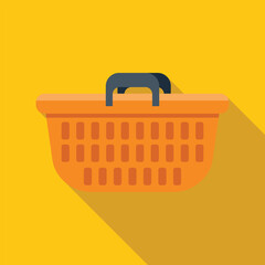 Sticker - Empty orange plastic shopping basket with black handles casting long shadow on yellow background