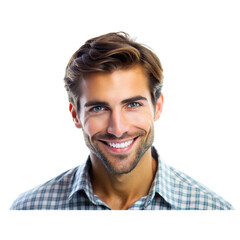 Portrait of happy smiling young handsome man, isolated over white background