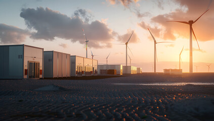 Wall Mural - modern battery energy storage system with wind turbines and solar panel power plants in the background at sunset design