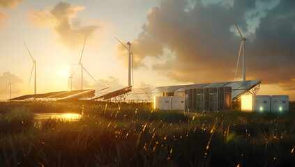 Wall Mural - modern battery energy storage system with wind turbines and solar panel power plants in the background at sunset design