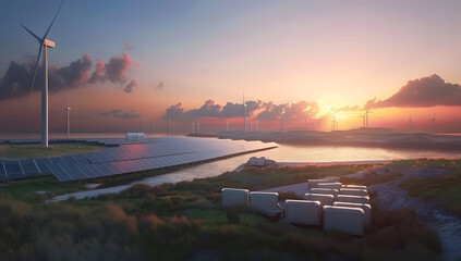 Wall Mural - modern battery energy storage system with wind turbines and solar panel power plants in the background at sunset design