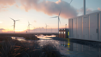 Wall Mural - modern battery energy storage system with wind turbines and solar panel power plants in the background at sunset design