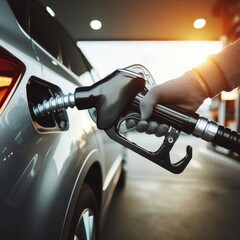 Hand Pumping Fuel into Gray Car at Gas Station Close Up of Gas Nozzle