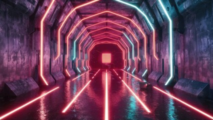 Poster - Futuristic Cyber Stage with Neon Laser Lights in a Grunge Concrete Tunnel Corridor  Vibrant 3D Rendering Background