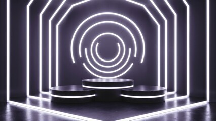 Poster - 3d black podium illuminated by white neon lights