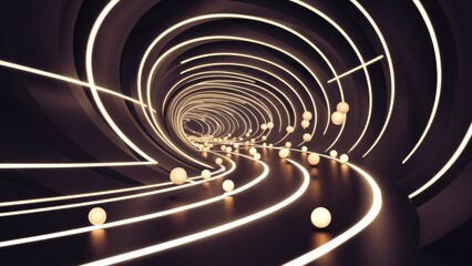 Wall Mural - Illuminated spheres travel along curved pathways creating dynamic light patterns in a spiraling tunnel design