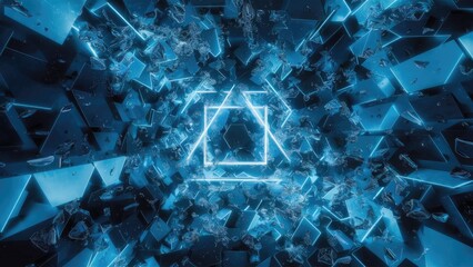 Poster - Electric blue geometric background featuring liquid triangles mimicking macro photography of glass with an intricate rectangular pattern from display technology