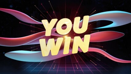 Poster - Dynamic You Win text over flowing shapes on a dark backdrop embodying a retrofuturistic digital interface concept
