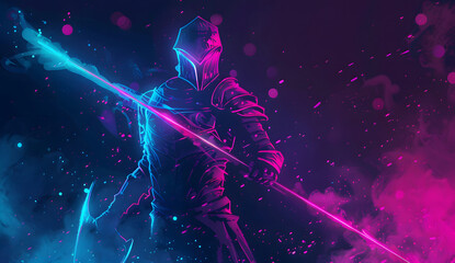 Neon ancient warrior with the magic spear. synthwave wizard. Illustrations design