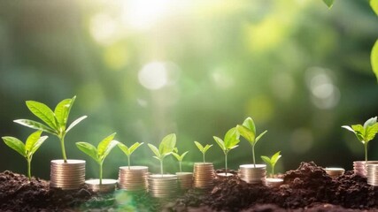 Poster - Green globes and piles of silver coins with saplings growing