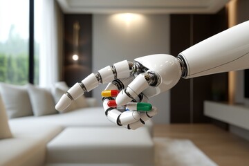 Sticker - Robotic hand filled with assorted capsules symbolizing the precision and control in modern medicine captured in a bright detailed environment