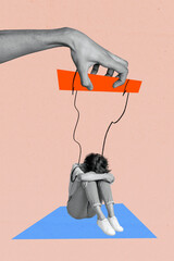 Poster - Vertical collage picture young sad depressed girl sit crying wired strings manipulation hand control bullying drawing background