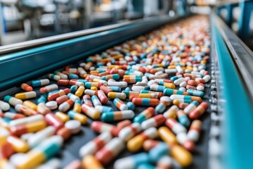 Sticker - Conveyor belt filled with colorful capsules symbolizing the mass production and variety in modern medicine captured in a detailed high tech environment