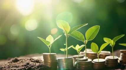 Poster - Green globes and piles of silver coins with saplings growing