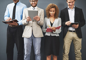 Poster - Recruitment, tablet and row with people for employment, wait and digital interview on technology. Hiring, job and vacancy candidate with cv document, work opportunity and queue for human resources