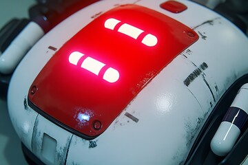 Sticker - Close up of a robotic helmet with glowing red lights symbolizing the fusion of AI and human elements captured in a dark high tech environment