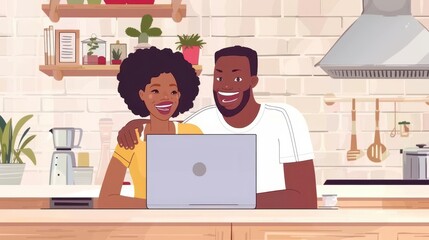 joyful couple in kitchen video calling friends on laptop