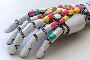 Sticker - Robotic hand covered in capsules and tablets symbolizing the integration of technology and medicine captured in a bright detailed image that emphasizes modern healthcare