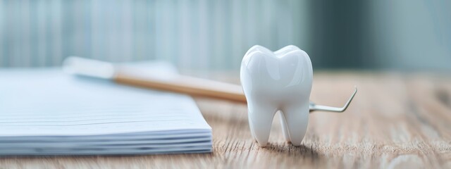  A toothbrush atop a wooden table, beside a sheet of paper and a toothbrush holder