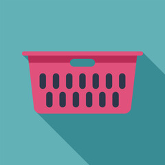 Poster - Pink plastic laundry basket with holes, isolated on blue background with long shadow