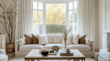 Aufkleber - A bright and airy living room with a large bay window, plush sofa, and a coffee table adorned with decorative accents.