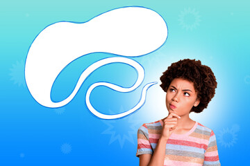 Sticker - Creative picture collage banner of doubting thinking girl look speech bubble on blue color background