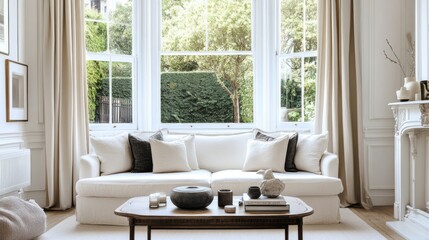 Aufkleber - A bright and airy living room with a large bay window, plush sofa, and a coffee table adorned with decorative accents.