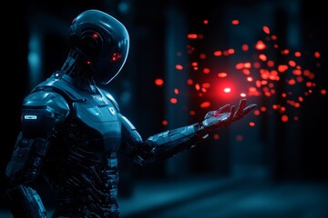 Poster - Cyborg surrounded by floating capsules symbolizing the integration of AI and medicine in a futuristic setting captured in a dark high contrast image with a focus on technology