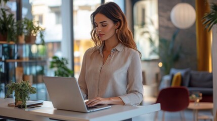 Aufkleber - A businesswoman at a standing desk, typing on her laptop, looking focused and determined in a modern office space.