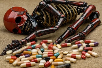 Sticker - Skeleton robot surrounded by a pile of colorful capsules symbolizing the overwhelming impact of pharmaceuticals on the human body captured in a detailed high contrast image