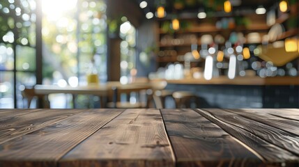 Poster - Brown wooden table with blurred coffee shop background for product display.