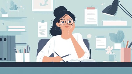Aufkleber - A businesswoman sitting at her desk, holding a pen and notebook, ready to jot down ideas, with office decor and supplies around her.