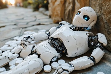 Poster - Humanoid robot lying down covered in capsules symbolizing the overwhelming presence of pharmaceuticals in modern life captured in a bright detailed setting