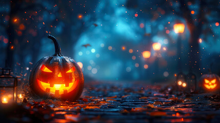 Happy Halloween. A pumpkin with a scary face is sitting on a path in a dark forest. The action takes place in autumn, leaves are scattered around. The scene is creepy