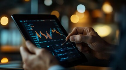 Fototapete - A businessman analyzing a complex stock chart on a digital tablet, highlighting the intricacies of market data.