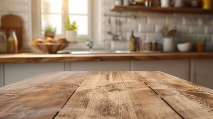 Wall Mural - Wooden tabletop on a blurred kitchen counter background for showcasing products or designing visual layouts.